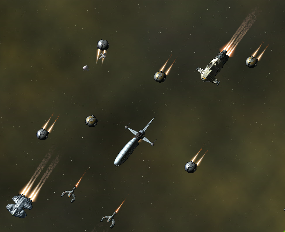 The mission code assumes that all ships have the same speed so they spread out a little. This will get worse in the next version, because I added a manticore to the mix. It still looks pretty dang impressive.
