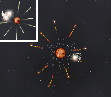 The new effect for the howitzer impact, shortly after detonation. Inset: The old effect. The new effect lasts longer than the old, so the one in-shot is not as big as it gets.
